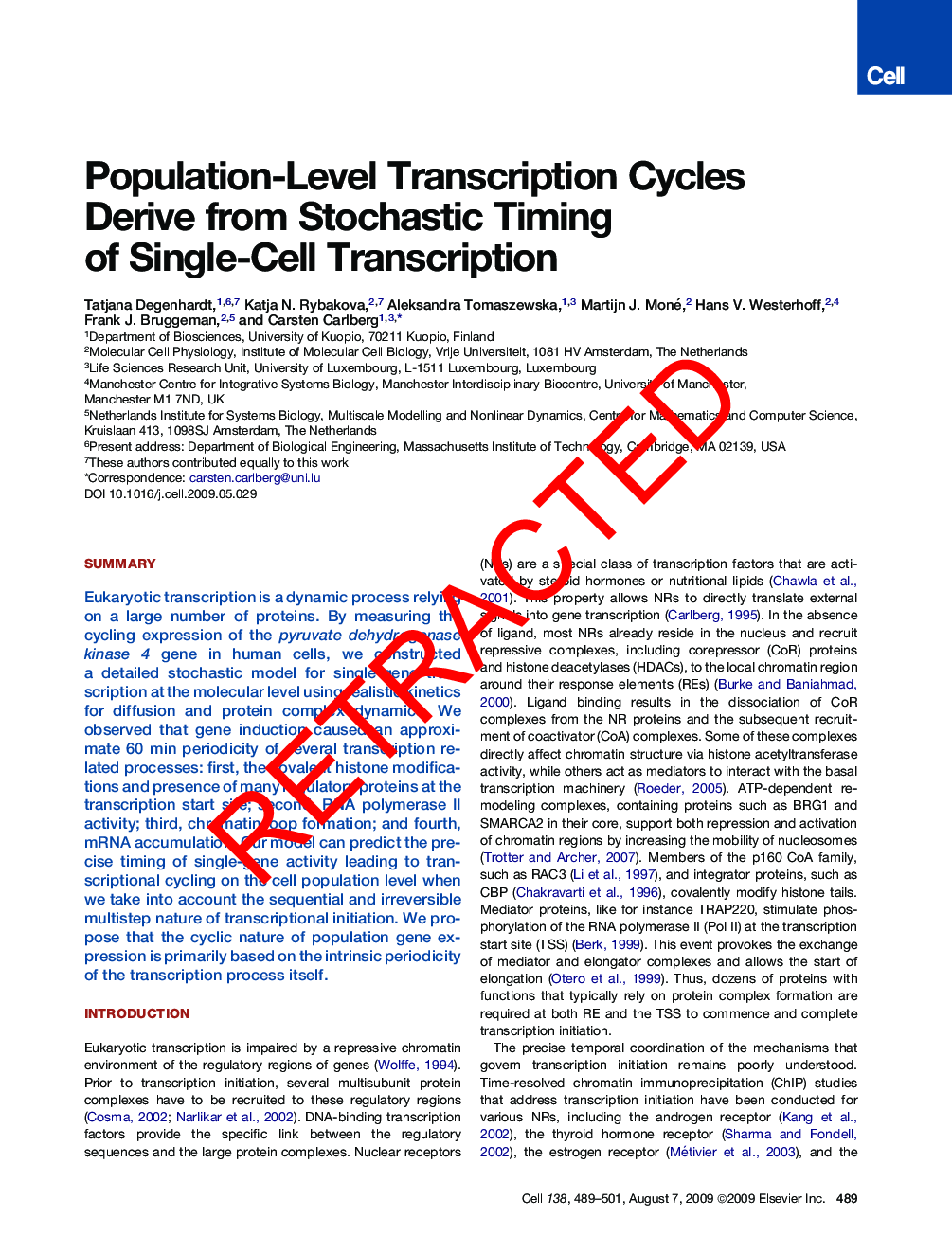 عکس صفحه اول مقاله: RETRACTED: Population-Level Transcription Cycles Derive from Stochastic Timing of Single-Cell Transcription RETRACTED: Population-Level Transcription Cycles Derive from Stochastic Timing of Single-Cell Transcription