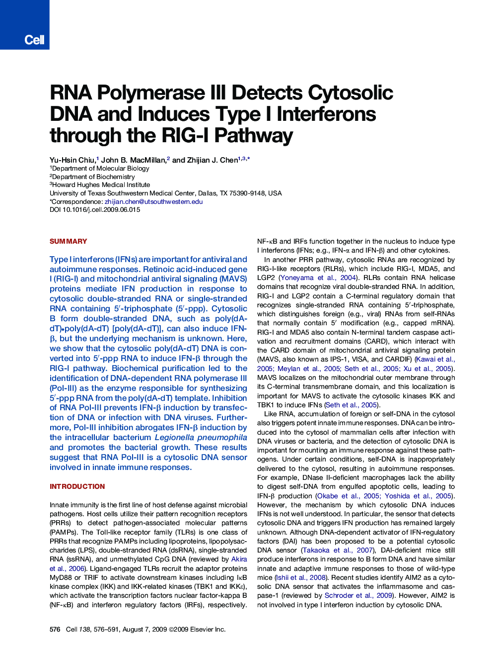 عکس صفحه اول مقاله: RNA Polymerase III Detects Cytosolic DNA and Induces Type I Interferons through the RIG-I Pathway RNA Polymerase III Detects Cytosolic DNA and Induces Type I Interferons through the RIG-I Pathway