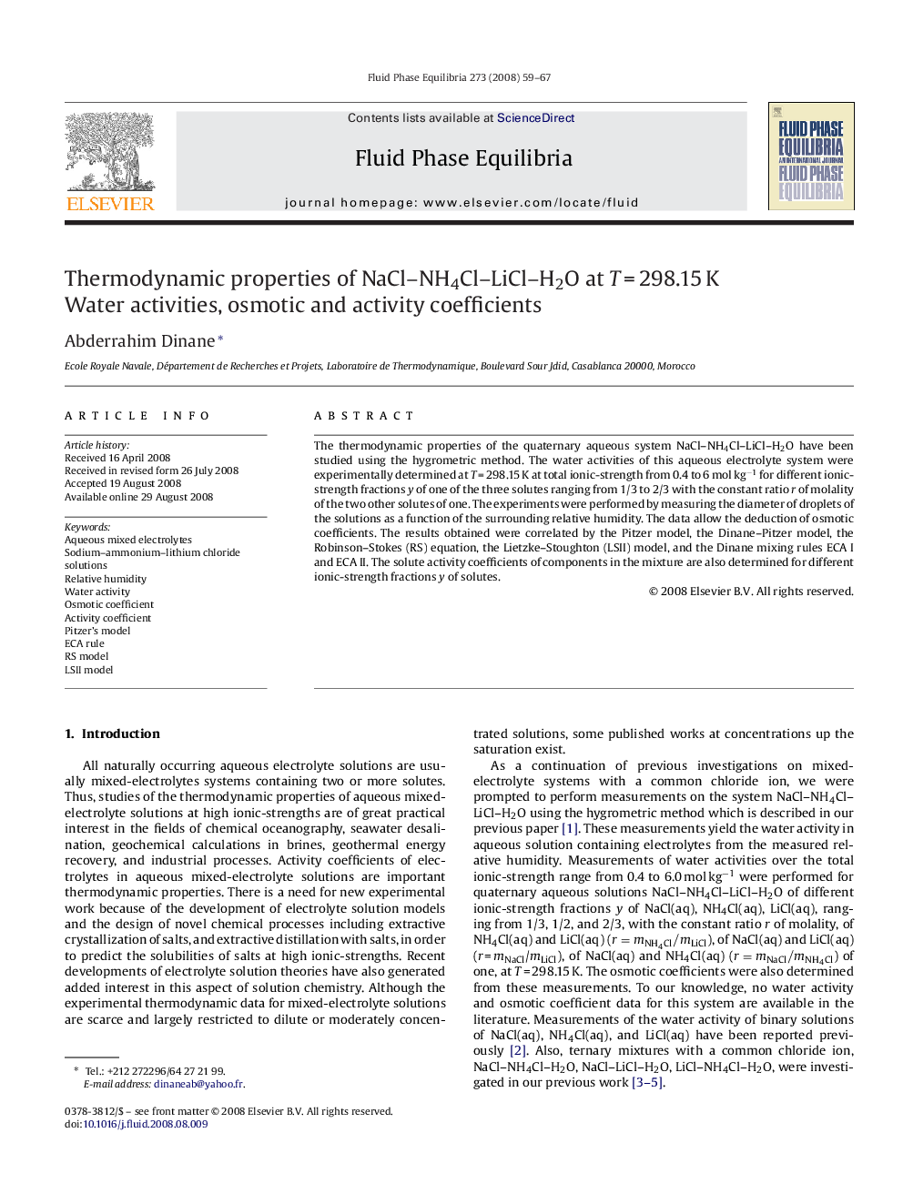 Thermodynamic properties of NaCl–NH4Cl–LiCl–H2O at T = 298.15 K: Water activities, osmotic and activity coefficients