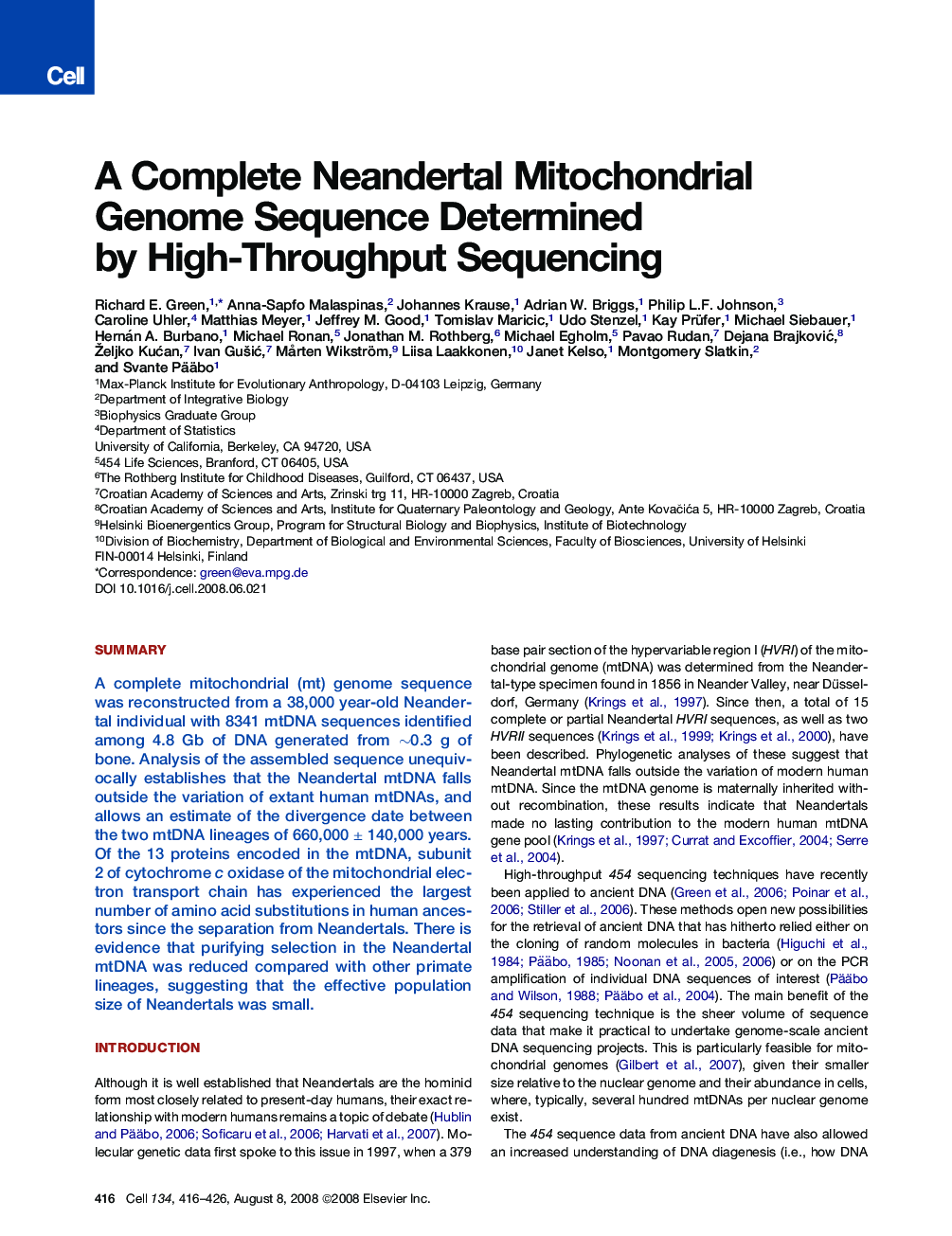 A Complete Neandertal Mitochondrial Genome Sequence Determined by High-Throughput Sequencing