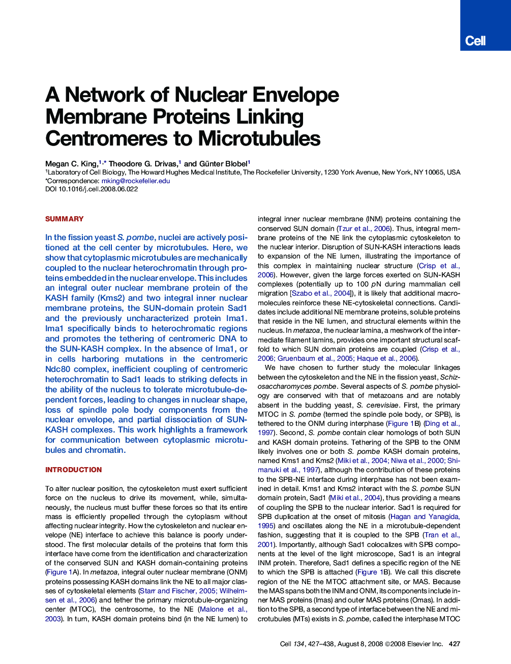 A Network of Nuclear Envelope Membrane Proteins Linking Centromeres to Microtubules