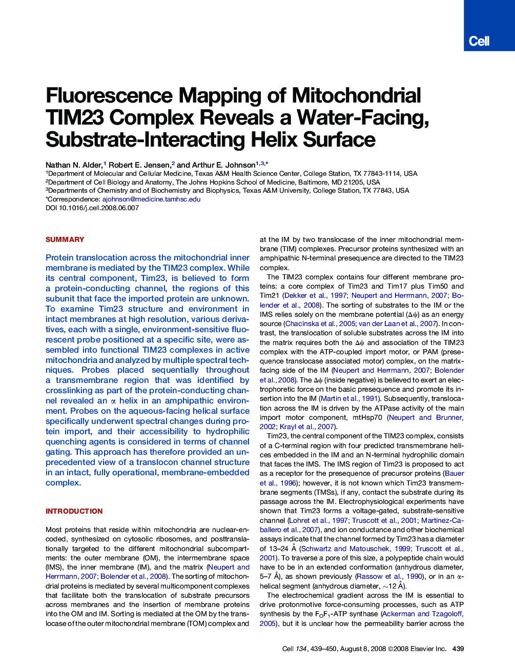 Fluorescence Mapping of Mitochondrial TIM23 Complex Reveals a Water-Facing, Substrate-Interacting Helix Surface