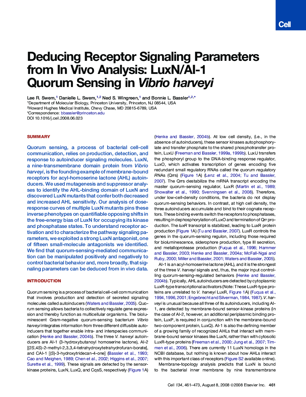 Deducing Receptor Signaling Parameters from In Vivo Analysis: LuxN/AI-1 Quorum Sensing in Vibrio harveyi