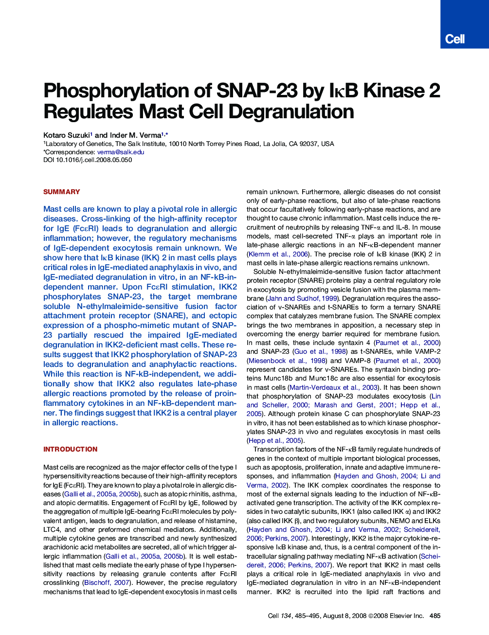 Phosphorylation of SNAP-23 by IκB Kinase 2 Regulates Mast Cell Degranulation
