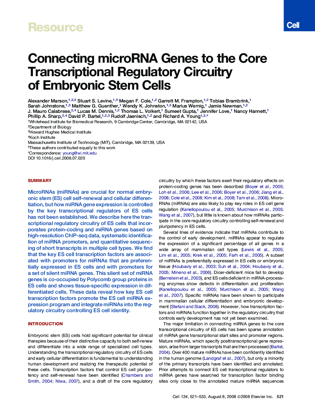 Connecting microRNA Genes to the Core Transcriptional Regulatory Circuitry of Embryonic Stem Cells