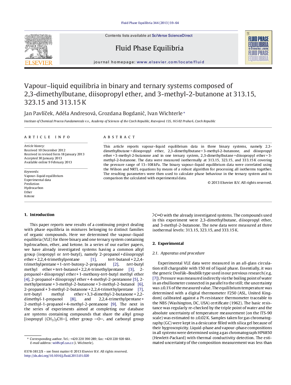 Vapour–liquid equilibria in binary and ternary systems composed of 2,3-dimethylbutane, diisopropyl ether, and 3-methyl-2-butanone at 313.15, 323.15 and 313.15 K