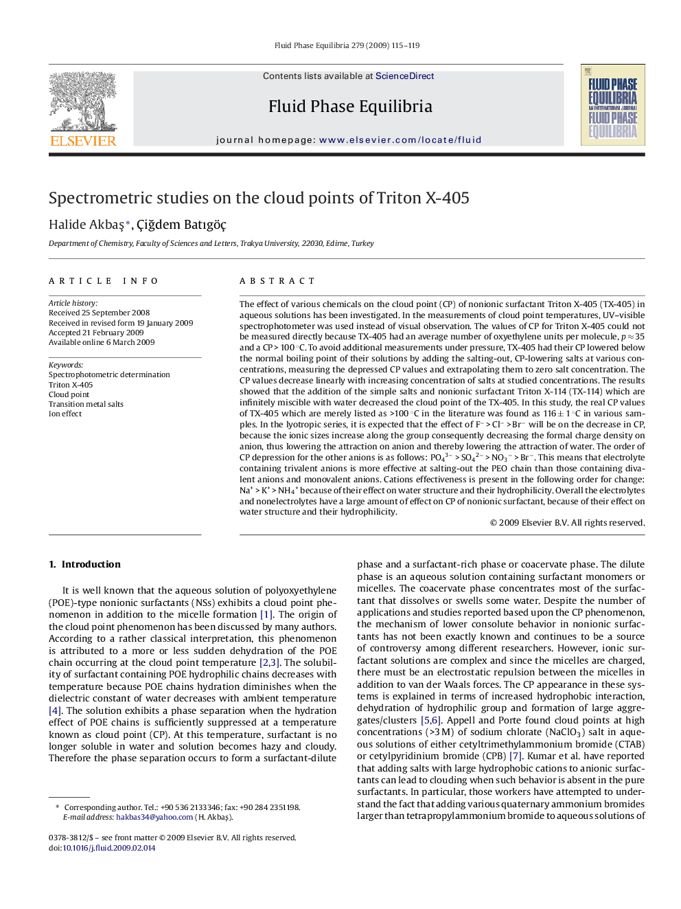 Spectrometric studies on the cloud points of Triton X-405