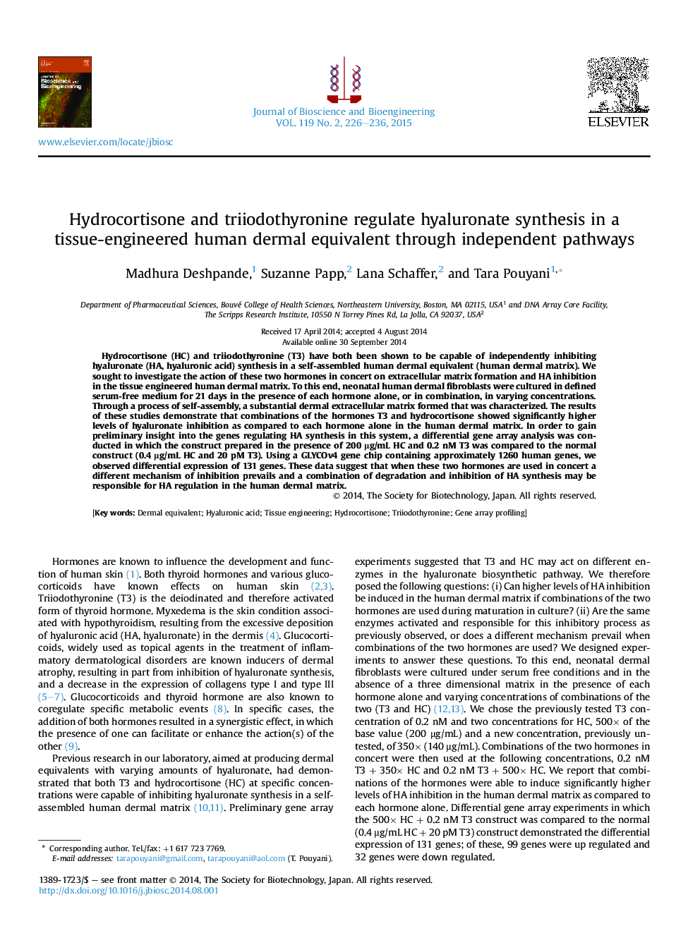 Hydrocortisone and triiodothyronine regulate hyaluronate synthesis in a tissue-engineered human dermal equivalent through independent pathways