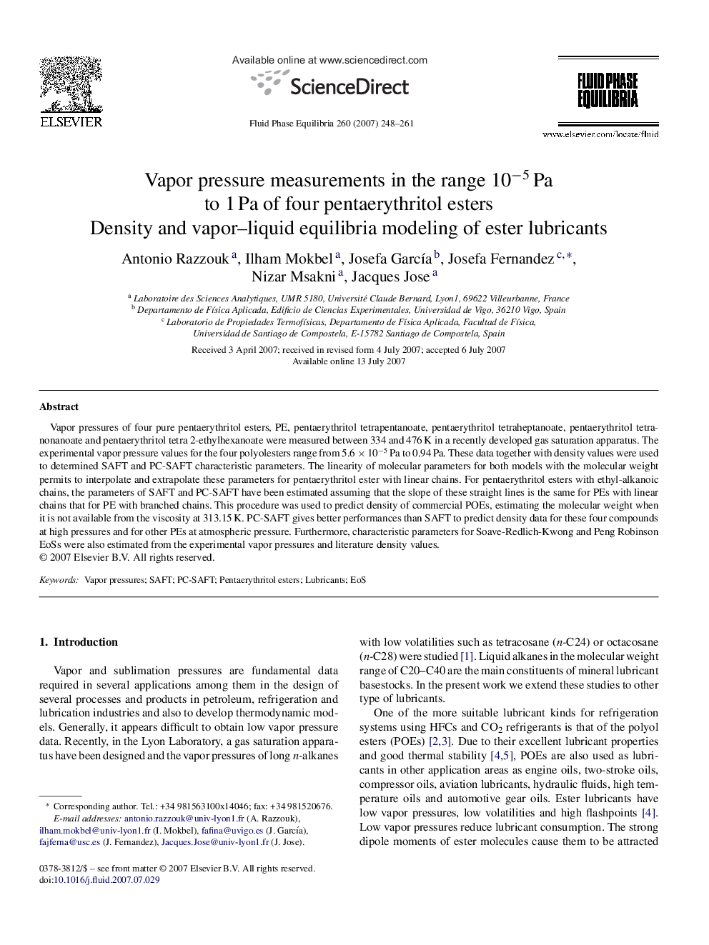 Vapor pressure measurements in the range 10−5 Pa to 1 Pa of four pentaerythritol esters: Density and vapor–liquid equilibria modeling of ester lubricants