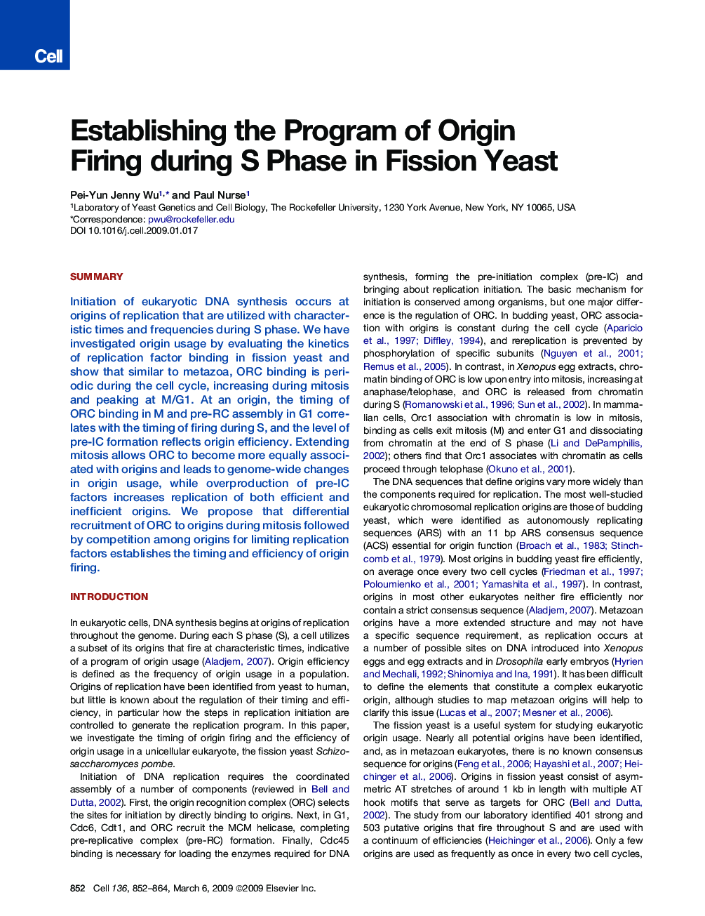 Establishing the Program of Origin Firing during S Phase in Fission Yeast