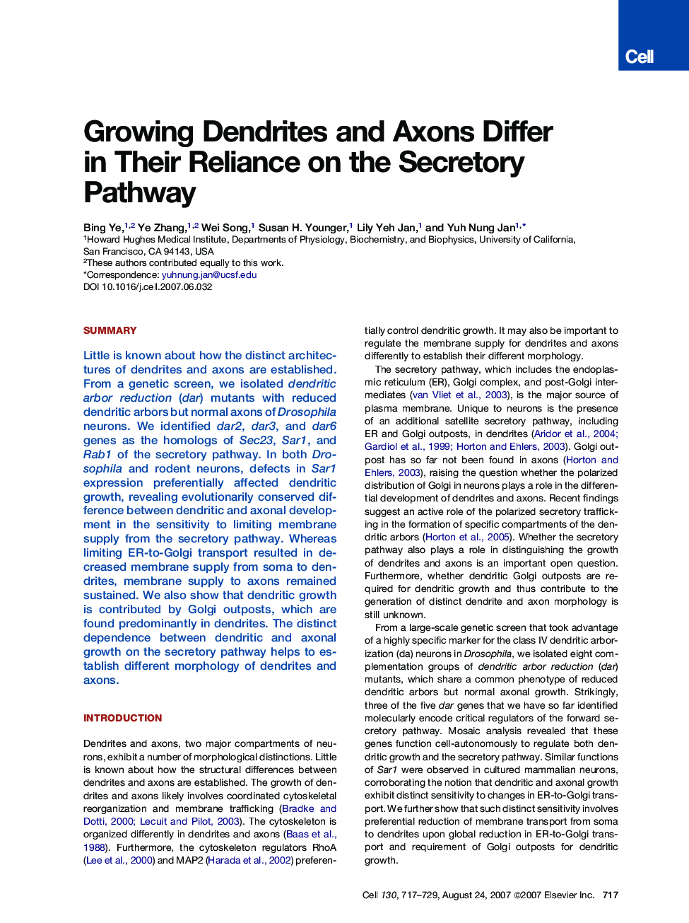 Growing Dendrites and Axons Differ in Their Reliance on the Secretory Pathway