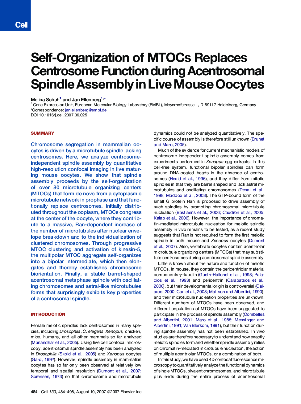 Self-Organization of MTOCs Replaces Centrosome Function during Acentrosomal Spindle Assembly in Live Mouse Oocytes