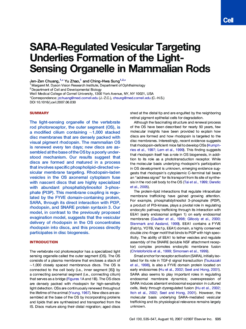 SARA-Regulated Vesicular Targeting Underlies Formation of the Light-Sensing Organelle in Mammalian Rods