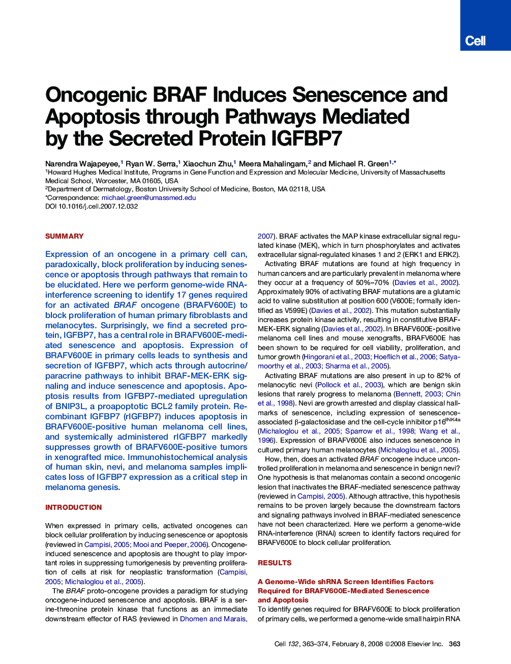 Oncogenic BRAF Induces Senescence and Apoptosis through Pathways Mediated by the Secreted Protein IGFBP7