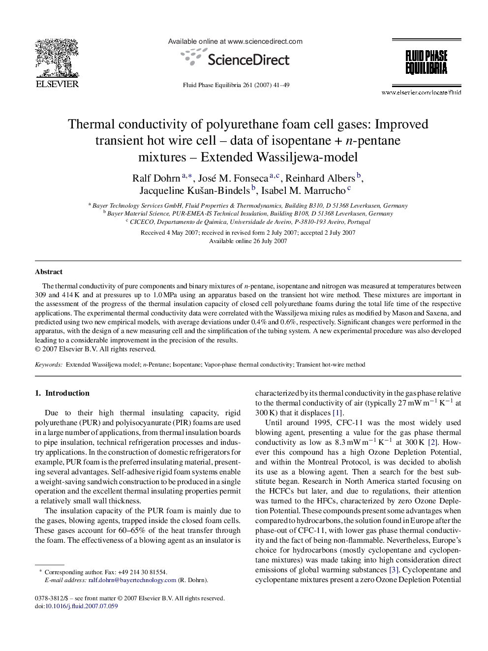 Thermal conductivity of polyurethane foam cell gases: Improved transient hot wire cell – data of isopentane + n-pentane mixtures – Extended Wassiljewa-model