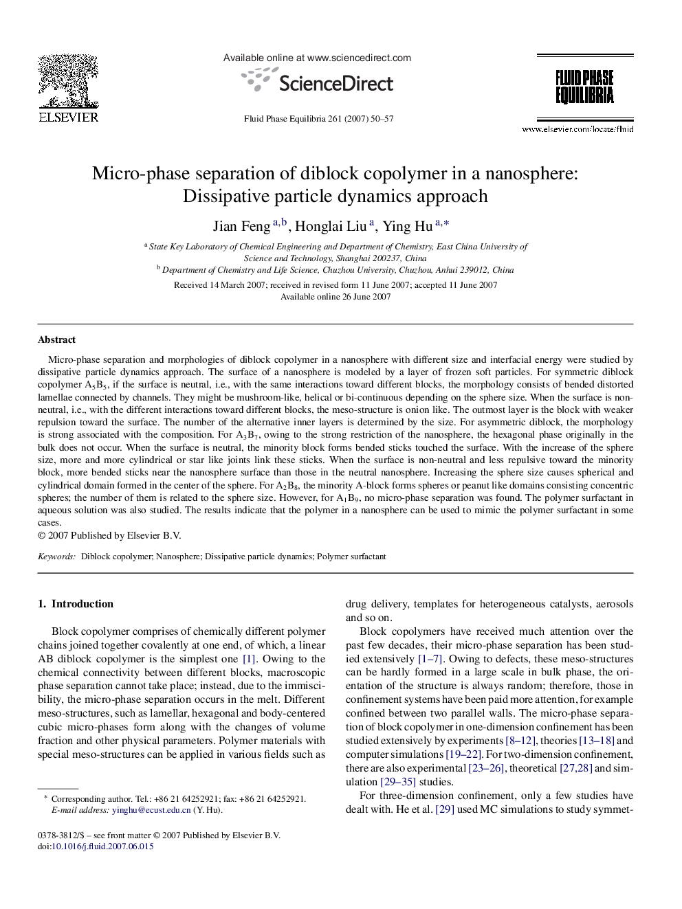 Micro-phase separation of diblock copolymer in a nanosphere: Dissipative particle dynamics approach