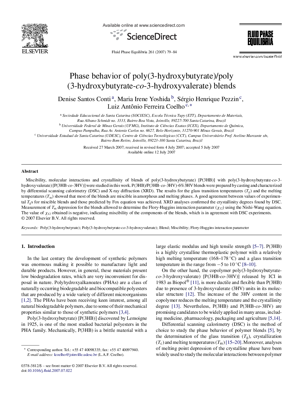 Phase behavior of poly(3-hydroxybutyrate)/poly(3-hydroxybutyrate-co-3-hydroxyvalerate) blends