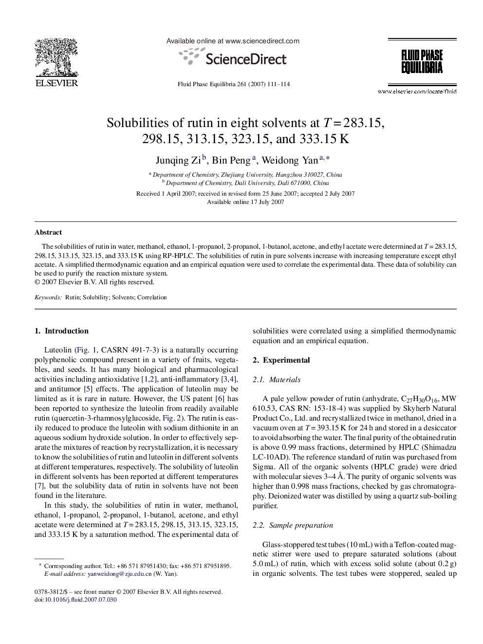 Solubilities of rutin in eight solvents at T = 283.15, 298.15, 313.15, 323.15, and 333.15 K