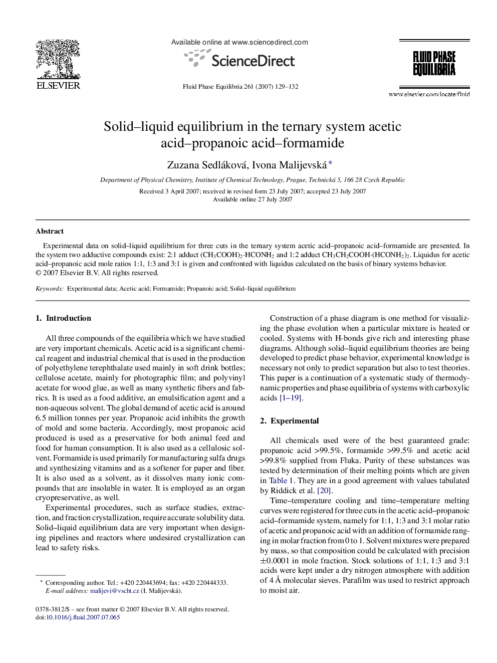 Solid–liquid equilibrium in the ternary system acetic acid–propanoic acid–formamide