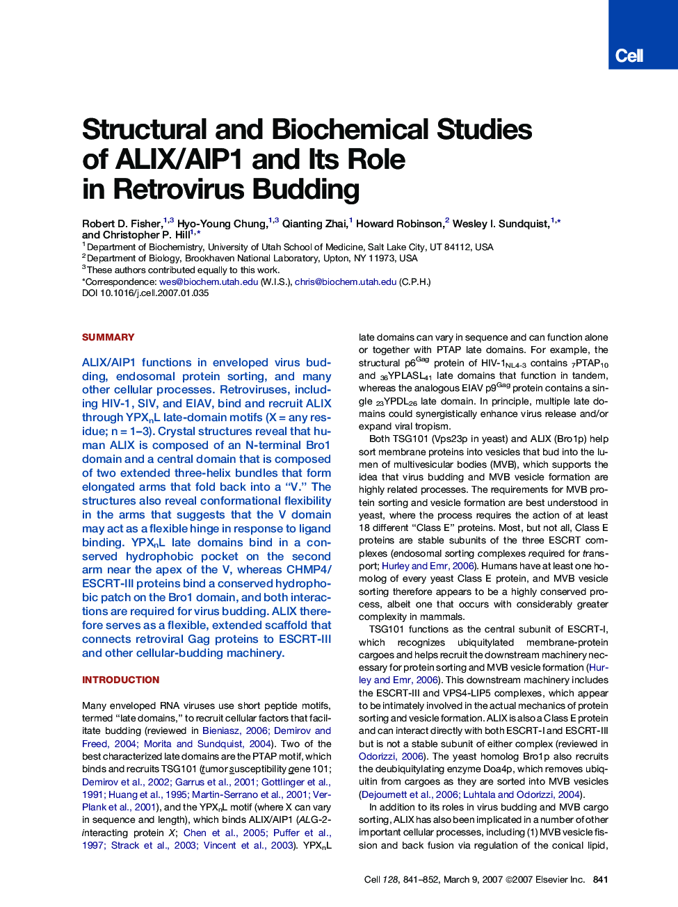 Structural and Biochemical Studies of ALIX/AIP1 and Its Role in Retrovirus Budding