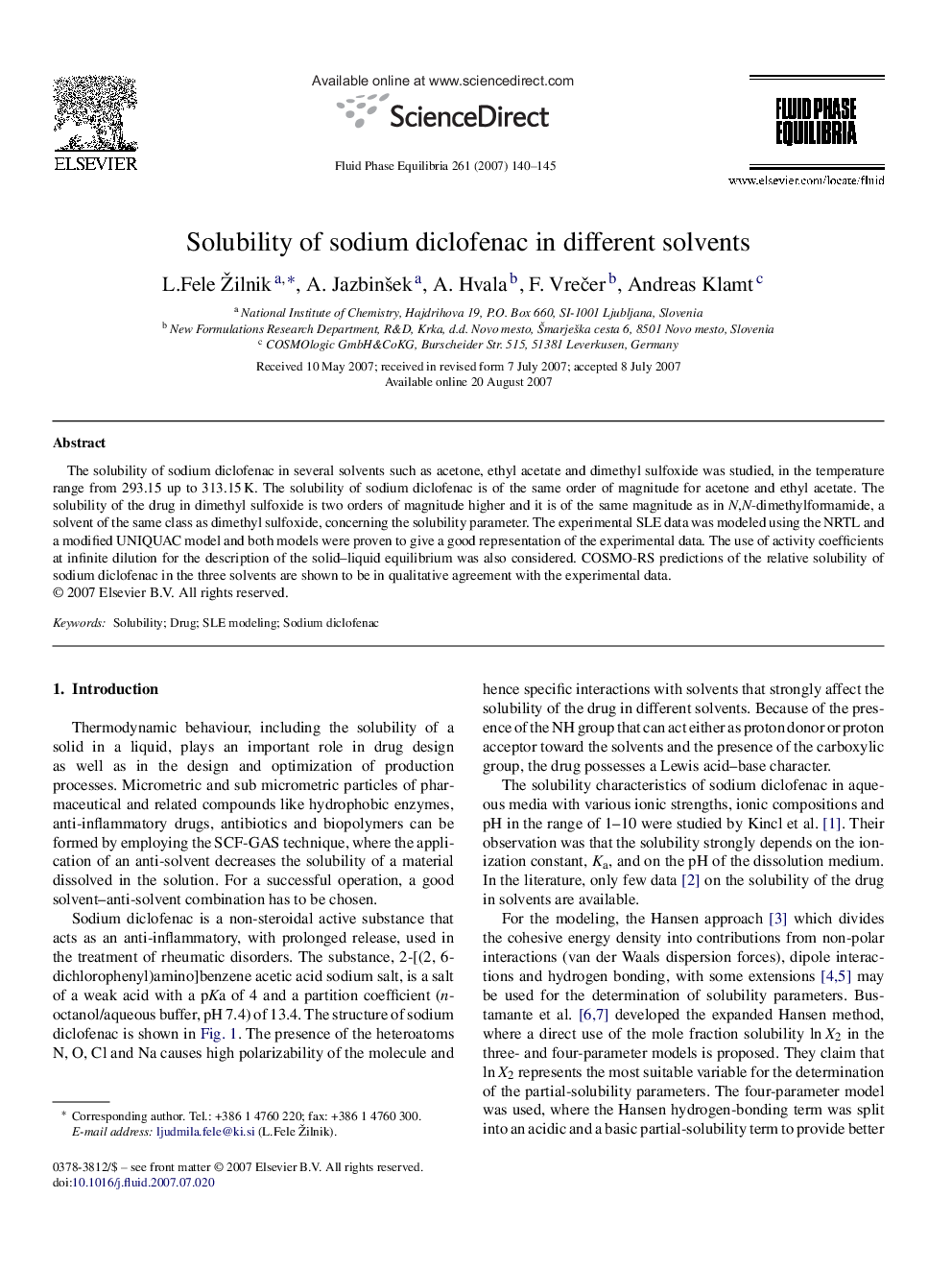 Solubility of sodium diclofenac in different solvents