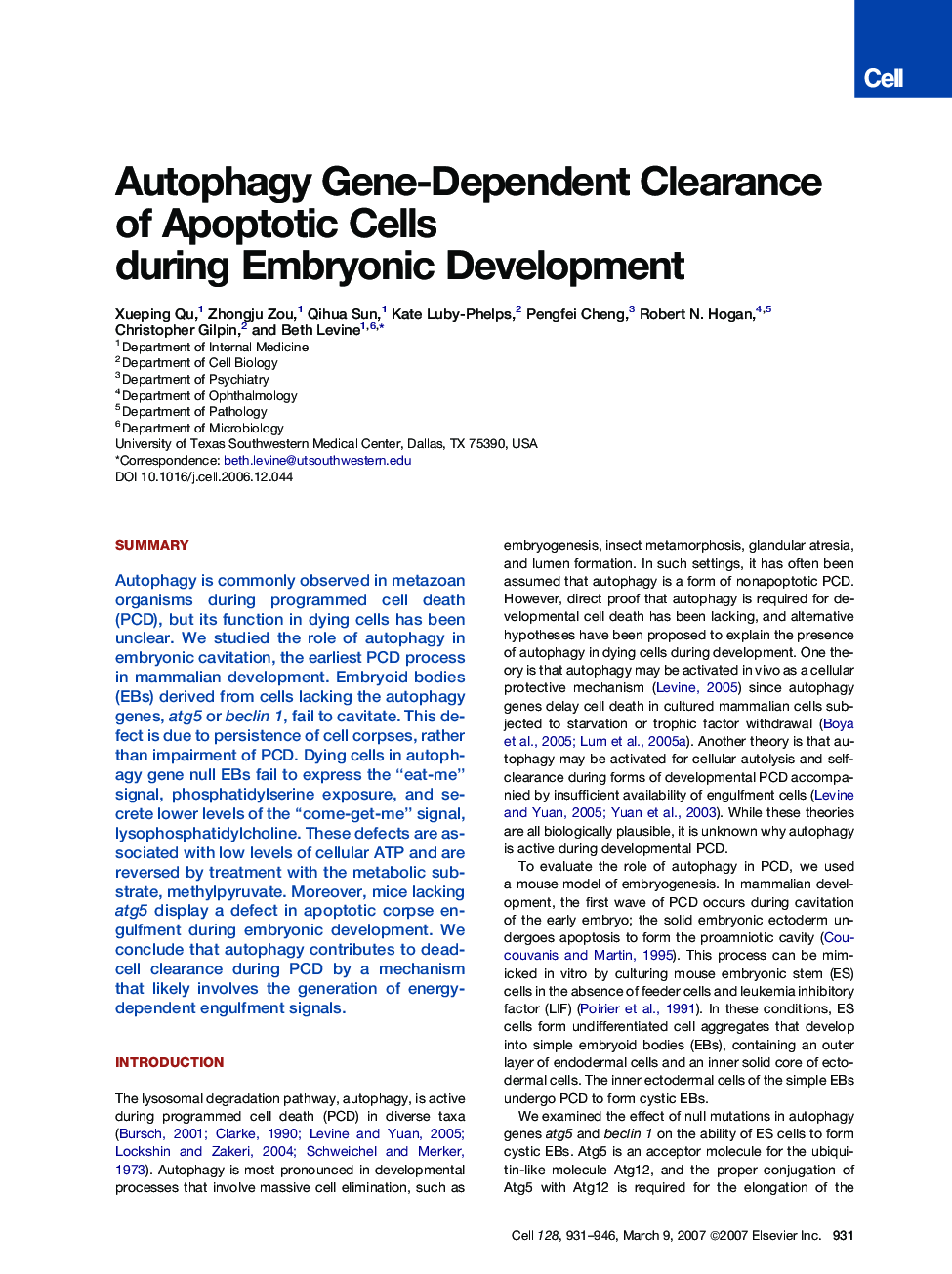 Autophagy Gene-Dependent Clearance of Apoptotic Cells during Embryonic Development