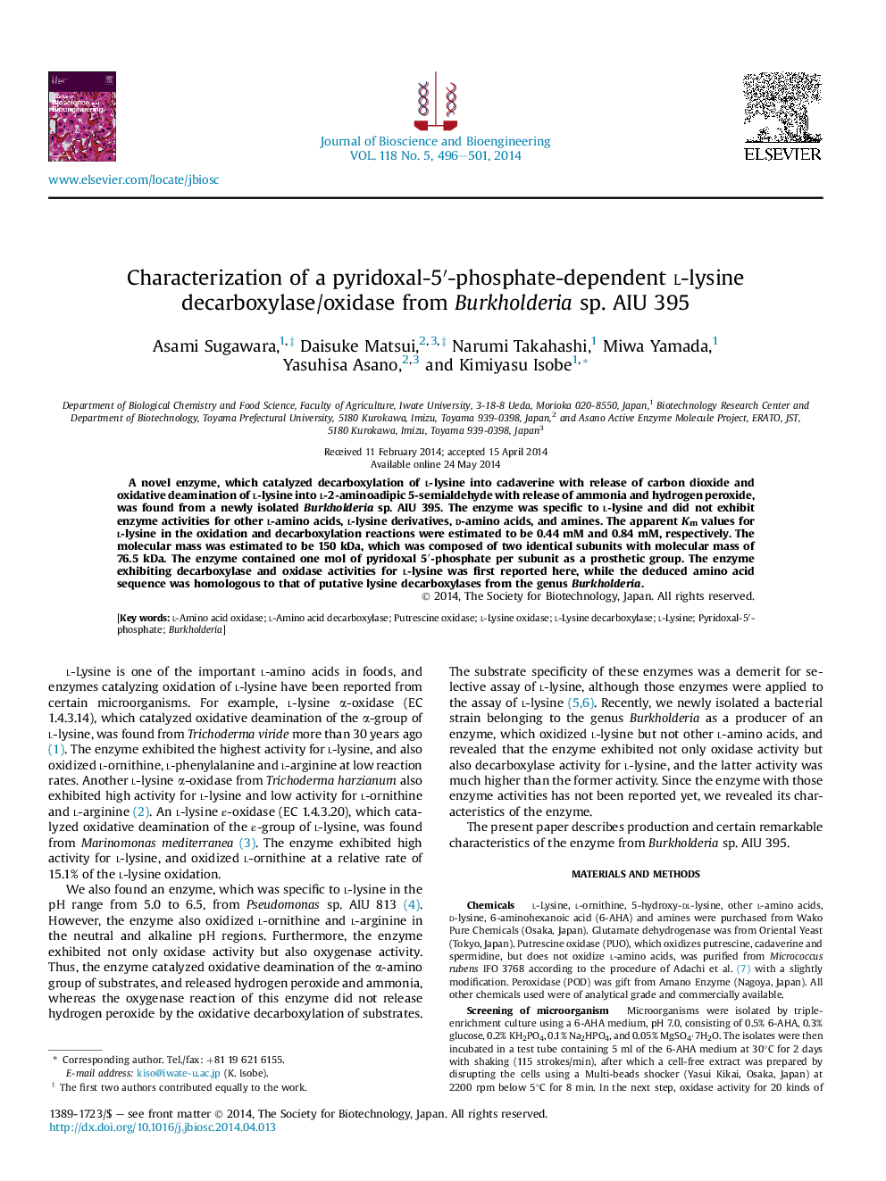 Characterization of a pyridoxal-5′-phosphate-dependent l-lysine decarboxylase/oxidase from Burkholderia sp. AIU 395