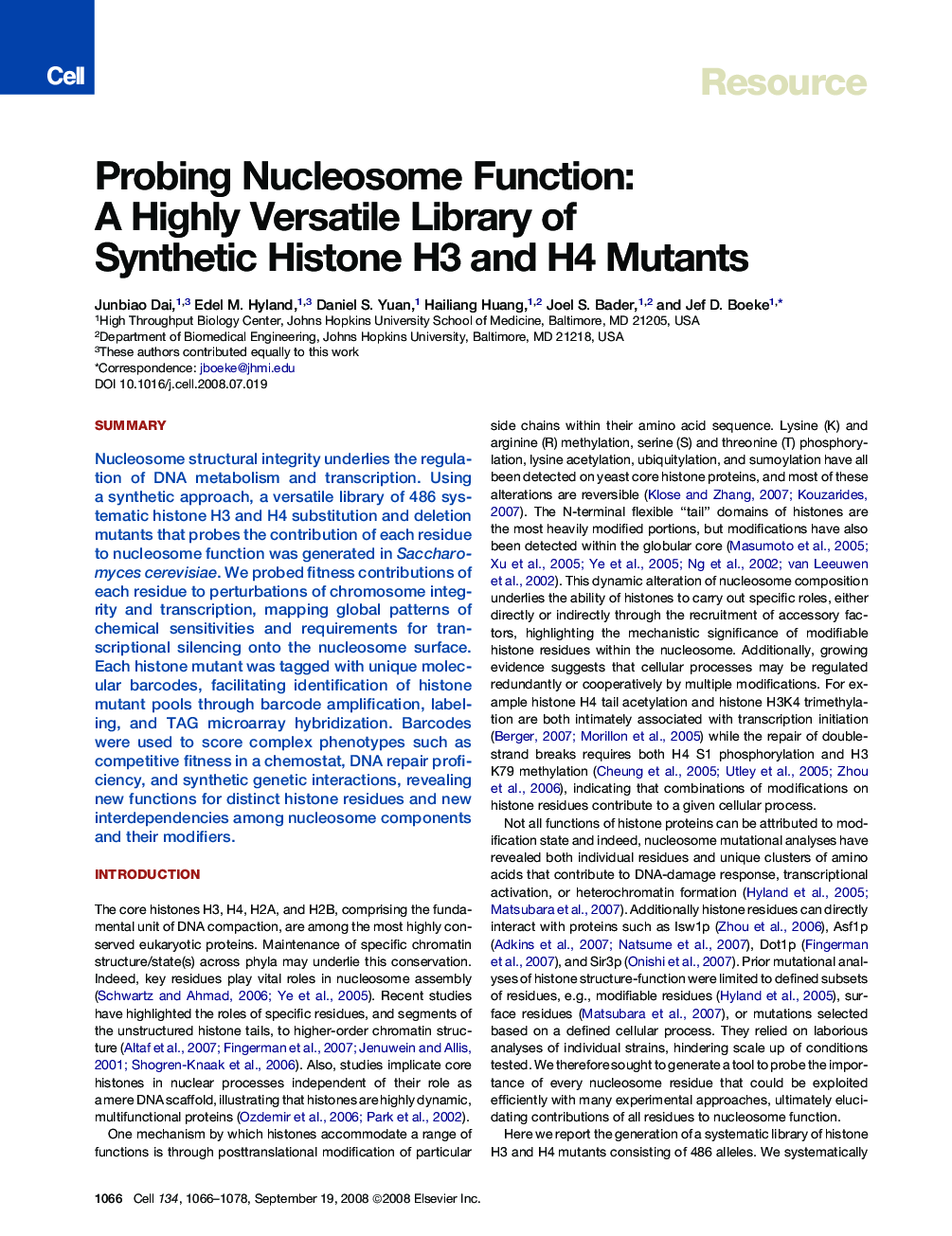 Probing Nucleosome Function: A Highly Versatile Library of Synthetic Histone H3 and H4 Mutants