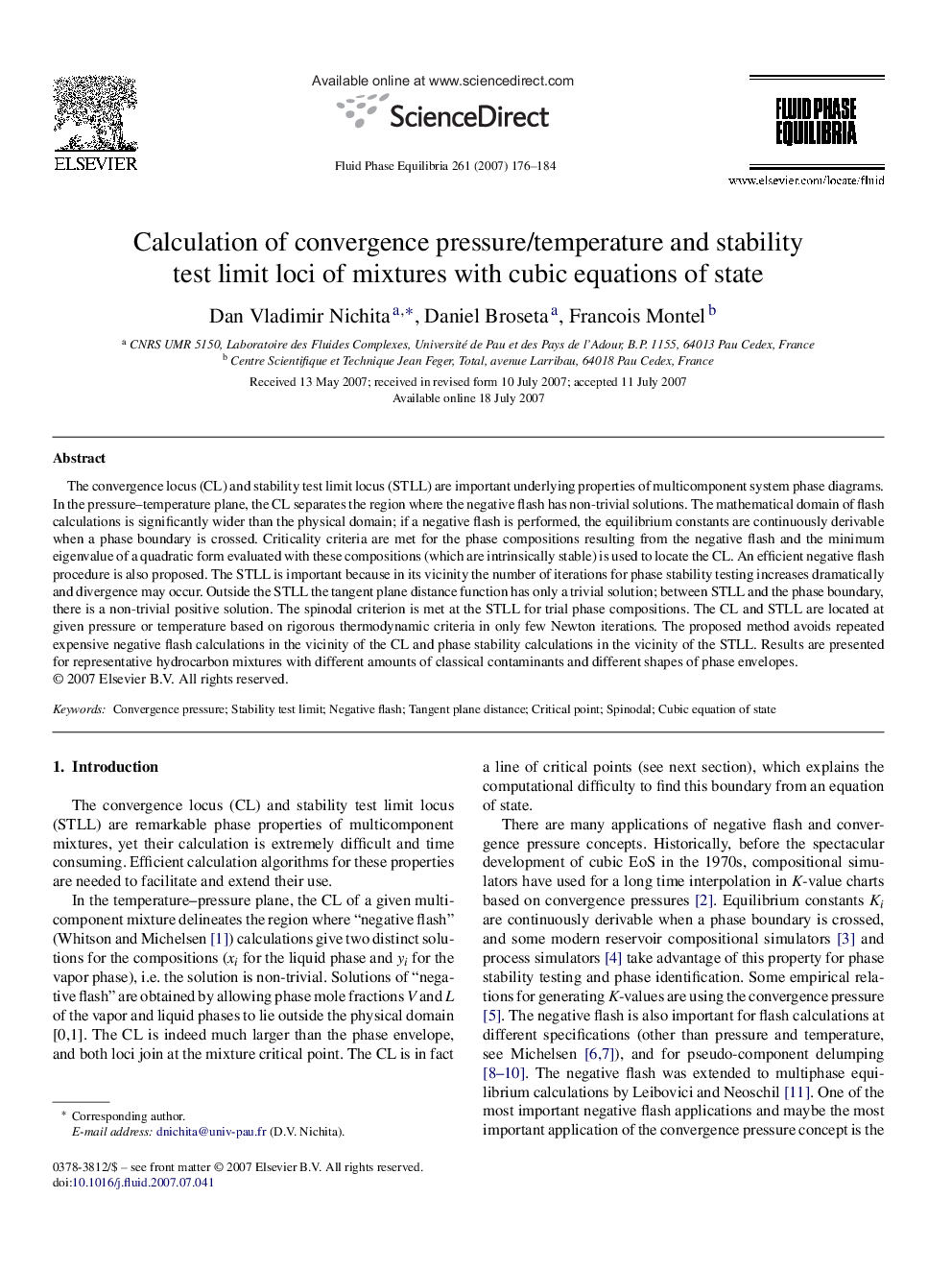 عکس صفحه اول مقاله: Calculation of convergence pressure/temperature and stability test limit loci of mixtures with cubic equations of state Calculation of convergence pressure/temperature and stability test limit loci of mixtures with cubic equations of state