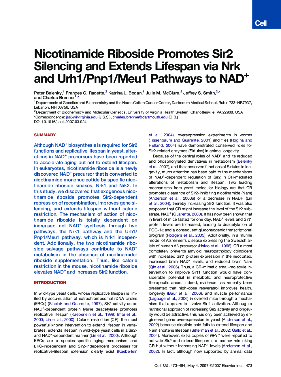 Nicotinamide Riboside Promotes Sir2 Silencing and Extends Lifespan via Nrk and Urh1/Pnp1/Meu1 Pathways to NAD+