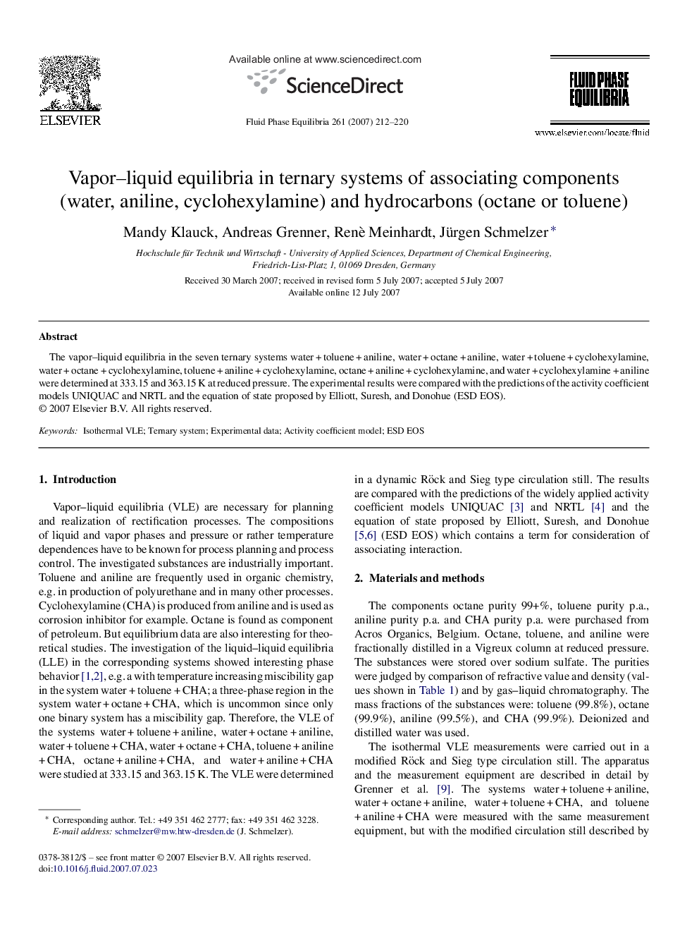 Vapor–liquid equilibria in ternary systems of associating components (water, aniline, cyclohexylamine) and hydrocarbons (octane or toluene)