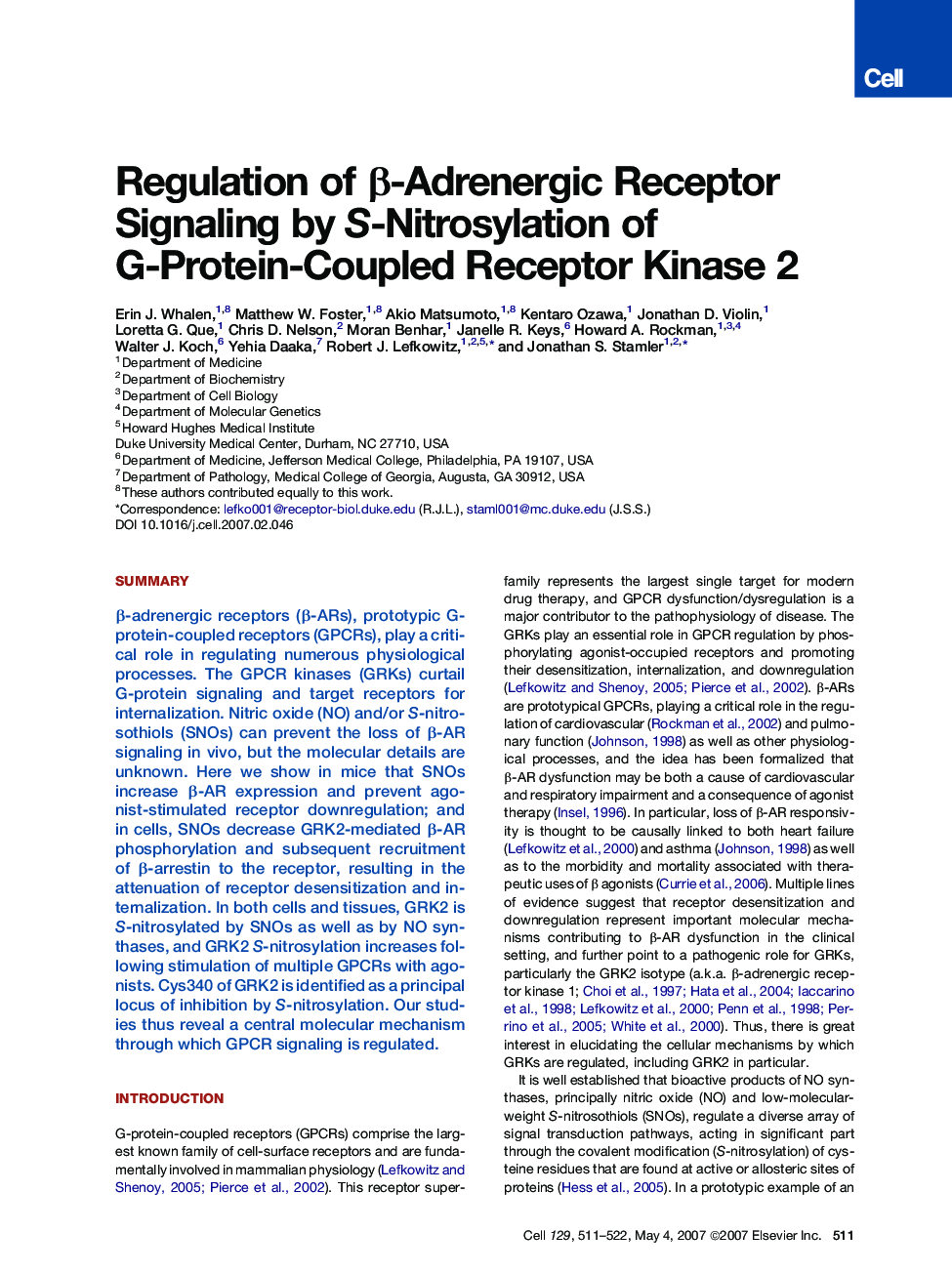 Regulation of β-Adrenergic Receptor Signaling by S-Nitrosylation of G-Protein-Coupled Receptor Kinase 2