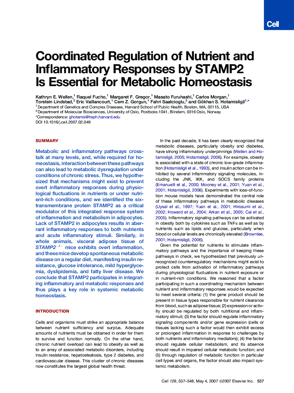 Coordinated Regulation of Nutrient and Inflammatory Responses by STAMP2 Is Essential for Metabolic Homeostasis