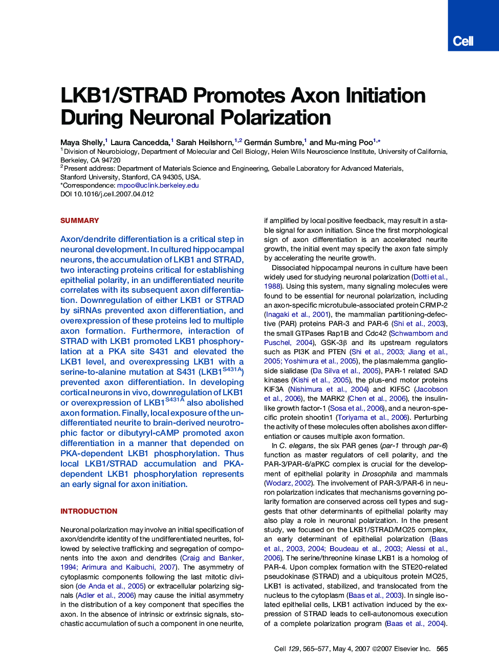 LKB1/STRAD Promotes Axon Initiation During Neuronal Polarization