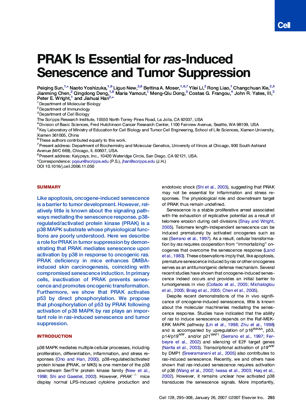 PRAK Is Essential for ras-Induced Senescence and Tumor Suppression