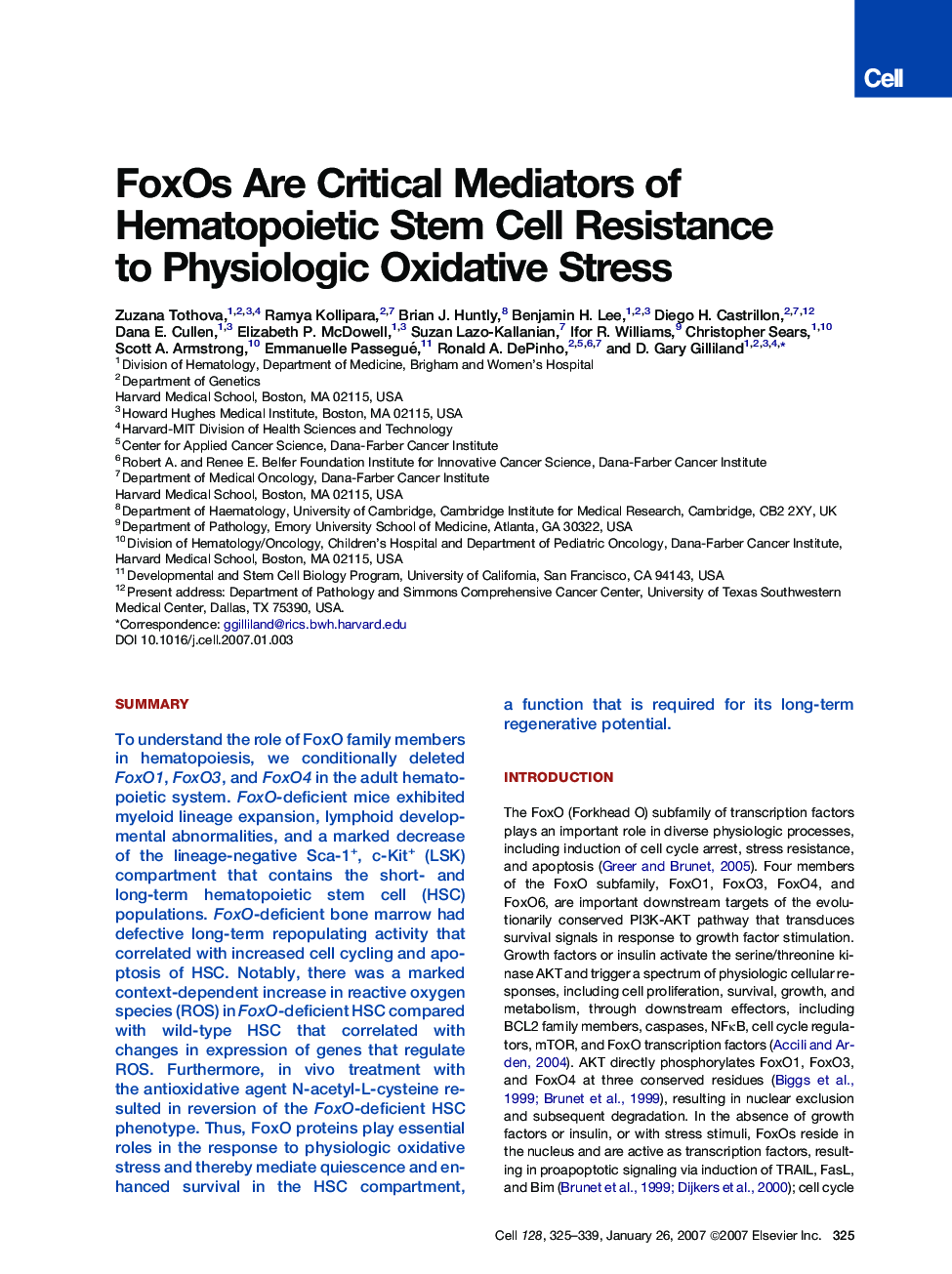 FoxOs Are Critical Mediators of Hematopoietic Stem Cell Resistance to Physiologic Oxidative Stress