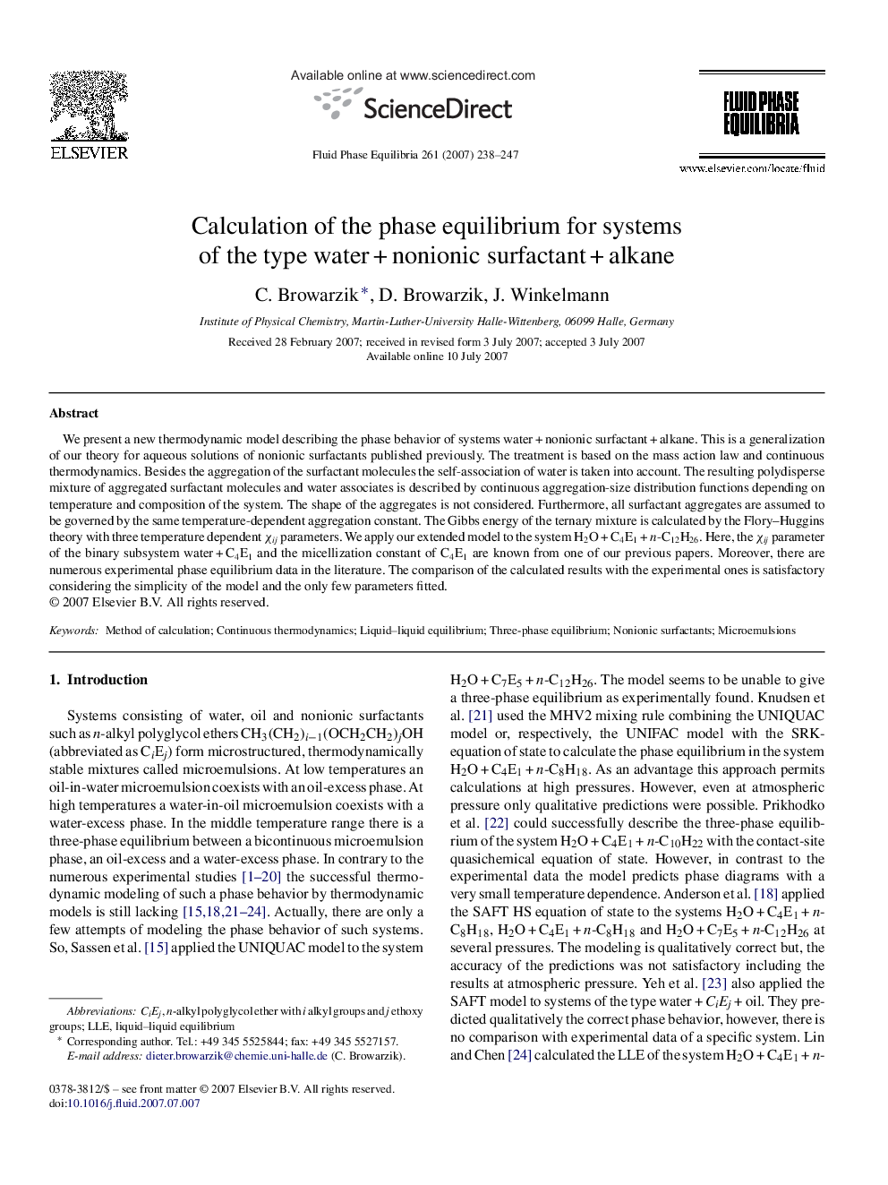 Calculation of the phase equilibrium for systems of the type water + nonionic surfactant + alkane
