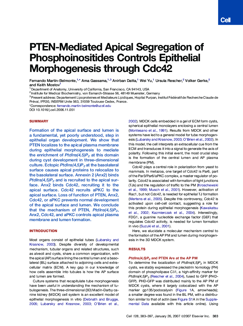 PTEN-Mediated Apical Segregation of Phosphoinositides Controls Epithelial Morphogenesis through Cdc42