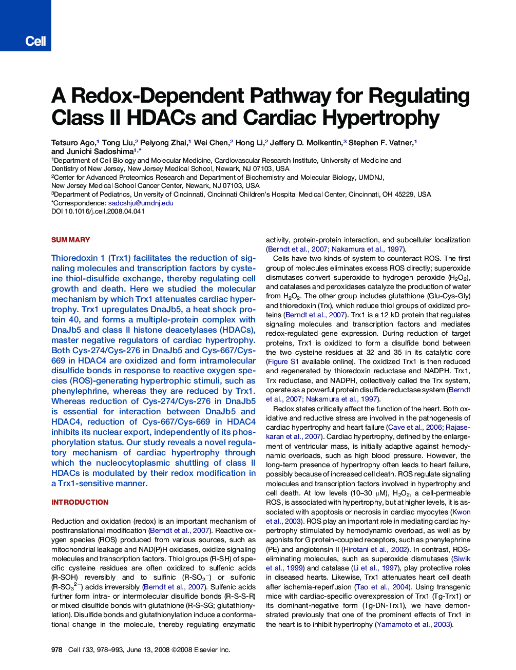 A Redox-Dependent Pathway for Regulating Class II HDACs and Cardiac Hypertrophy