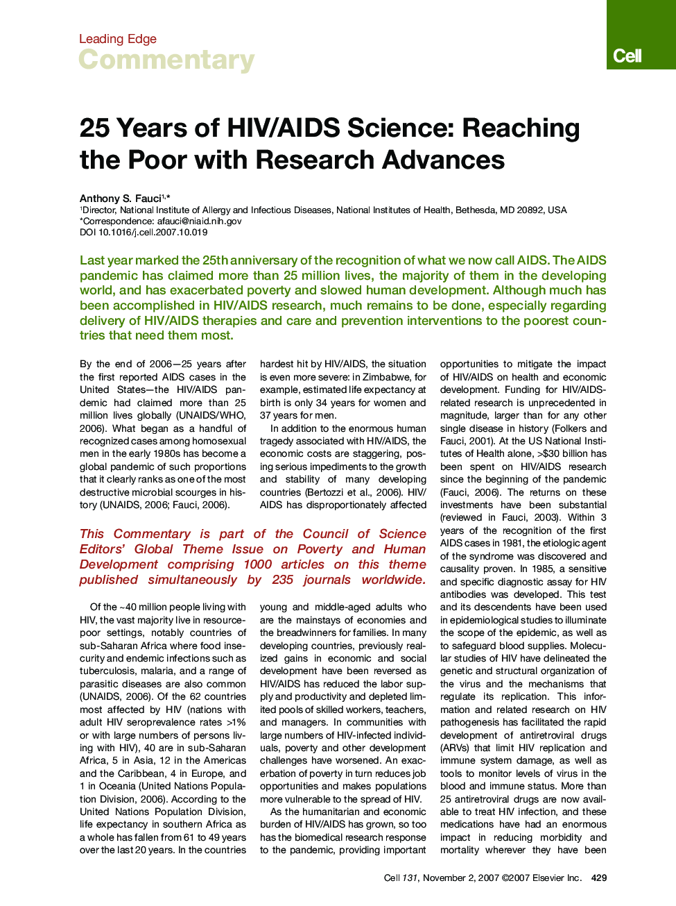 25 Years of HIV/AIDS Science: Reaching the Poor with Research Advances