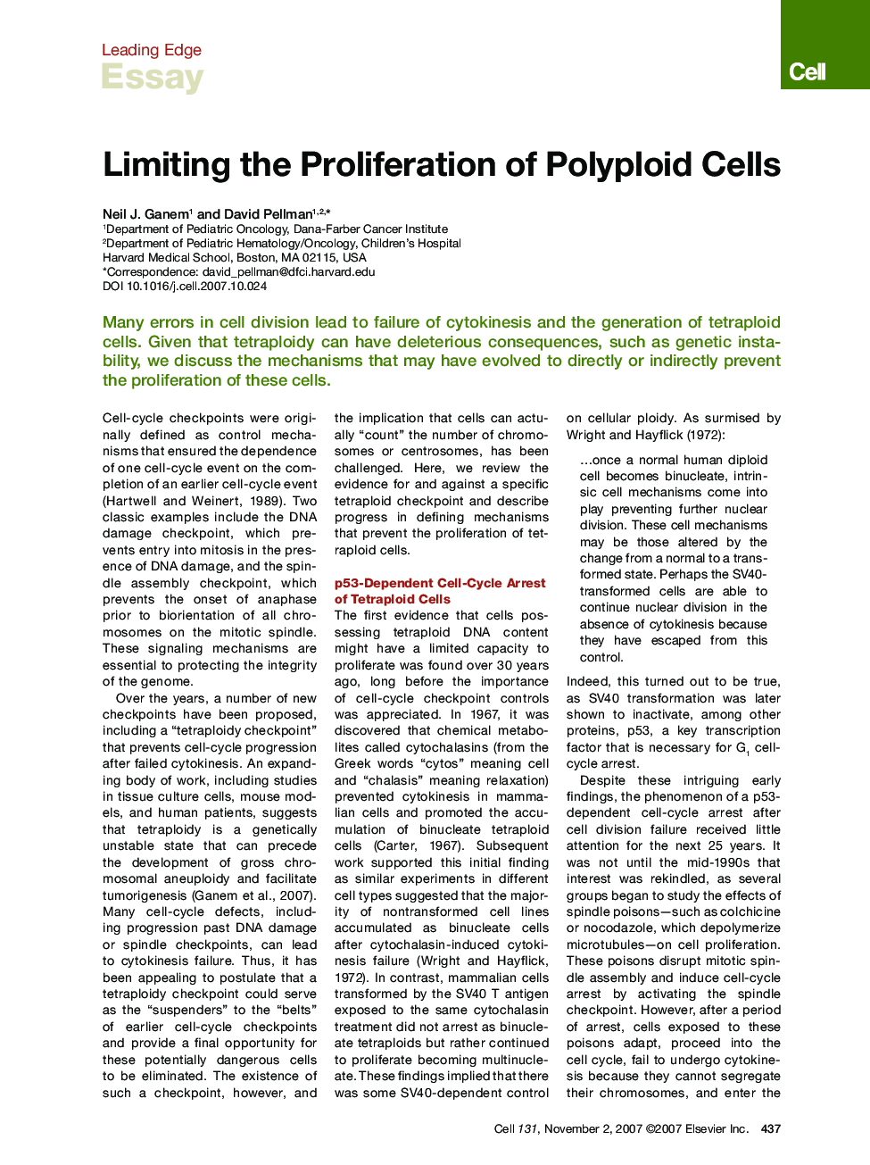 Limiting the Proliferation of Polyploid Cells