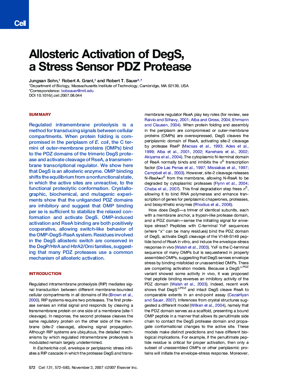 Allosteric Activation of DegS, a Stress Sensor PDZ Protease