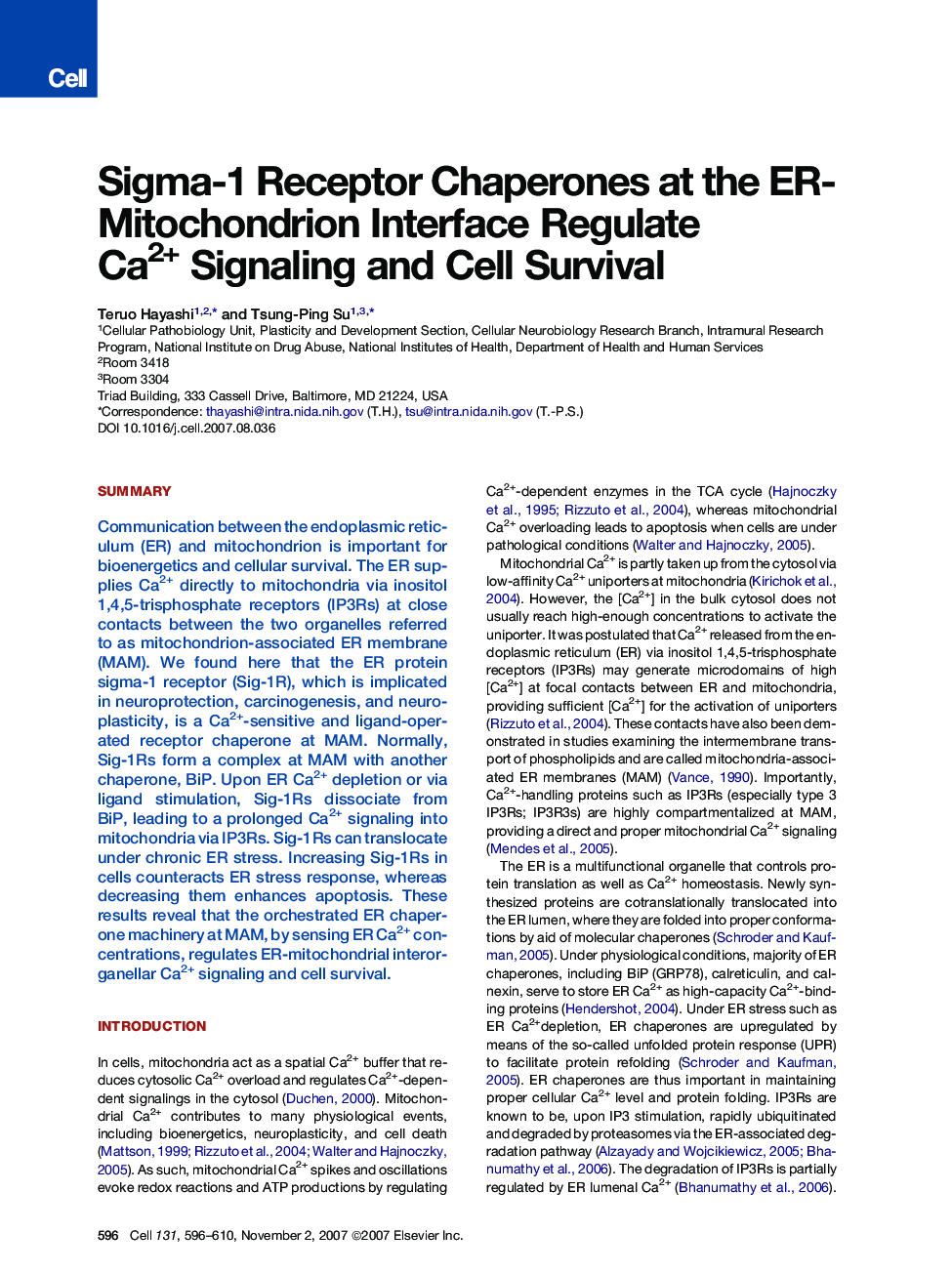 Sigma-1 Receptor Chaperones at the ER- Mitochondrion Interface Regulate Ca2+ Signaling and Cell Survival