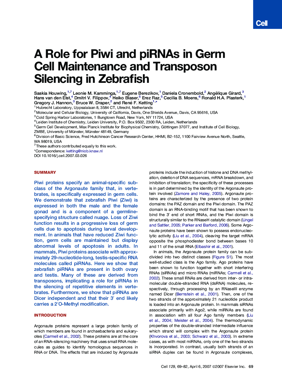 A Role for Piwi and piRNAs in Germ Cell Maintenance and Transposon Silencing in Zebrafish