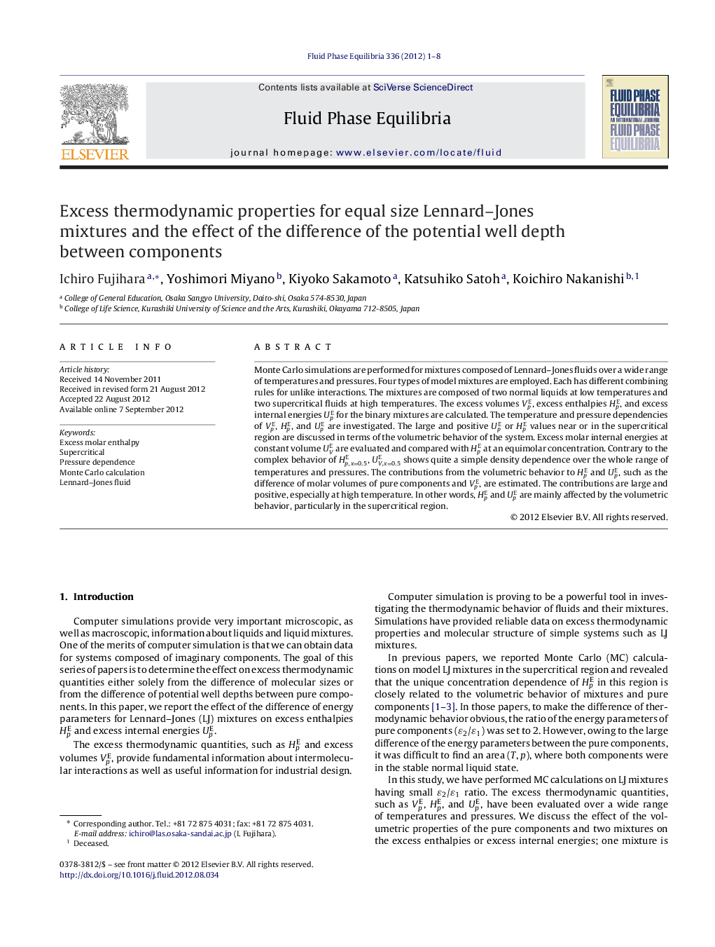 عکس صفحه اول مقاله: Excess thermodynamic properties for equal size Lennard–Jones mixtures and the effect of the difference of the potential well depth between components Excess thermodynamic properties for equal size Lennard–Jones mixtures and the effect of the difference of the potential well depth between components