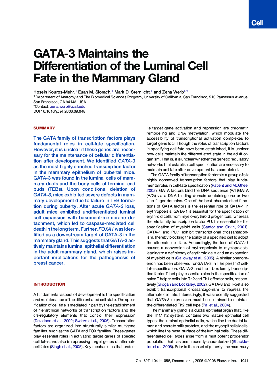 GATA-3 Maintains the Differentiation of the Luminal Cell Fate in the Mammary Gland