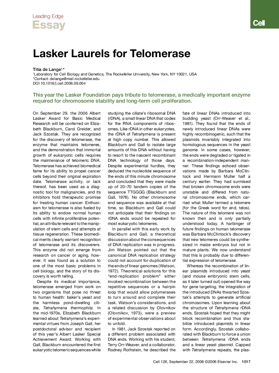 Lasker Laurels for Telomerase