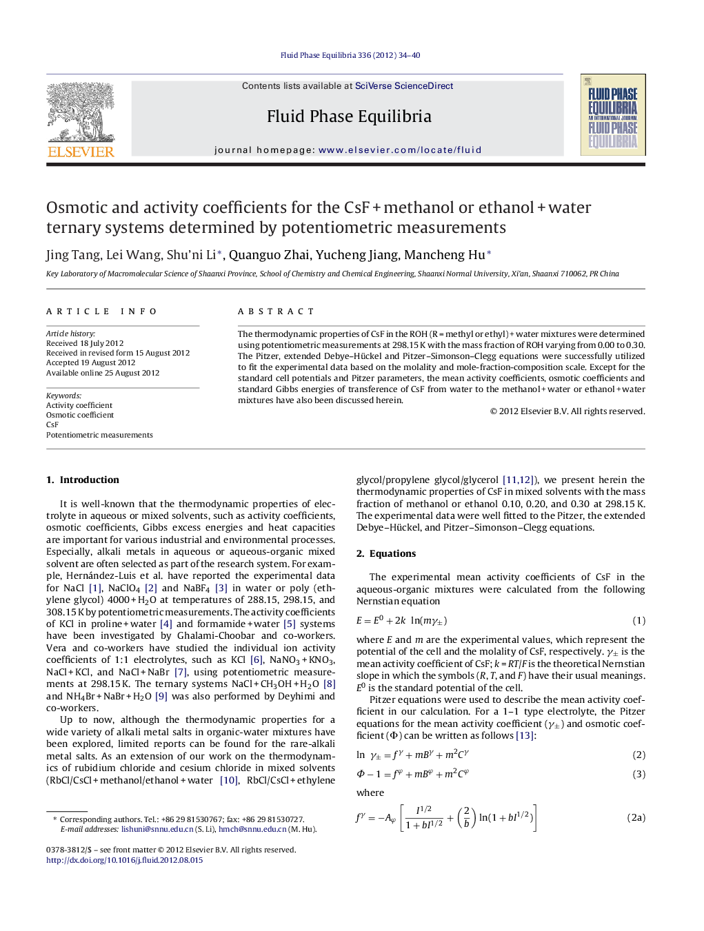 Osmotic and activity coefficients for the CsF + methanol or ethanol + water ternary systems determined by potentiometric measurements