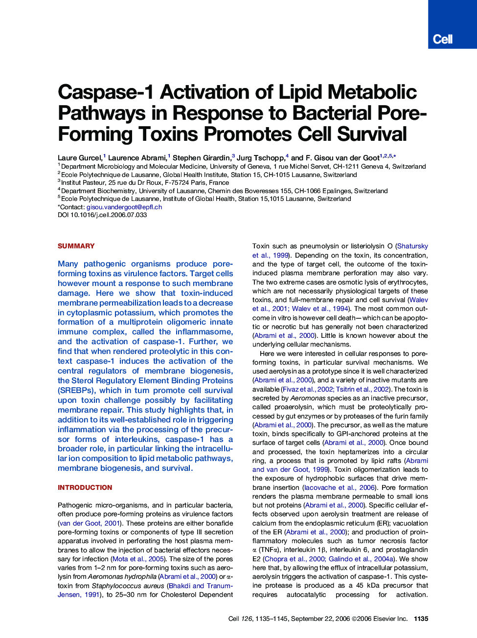 Caspase-1 Activation of Lipid Metabolic Pathways in Response to Bacterial Pore-Forming Toxins Promotes Cell Survival