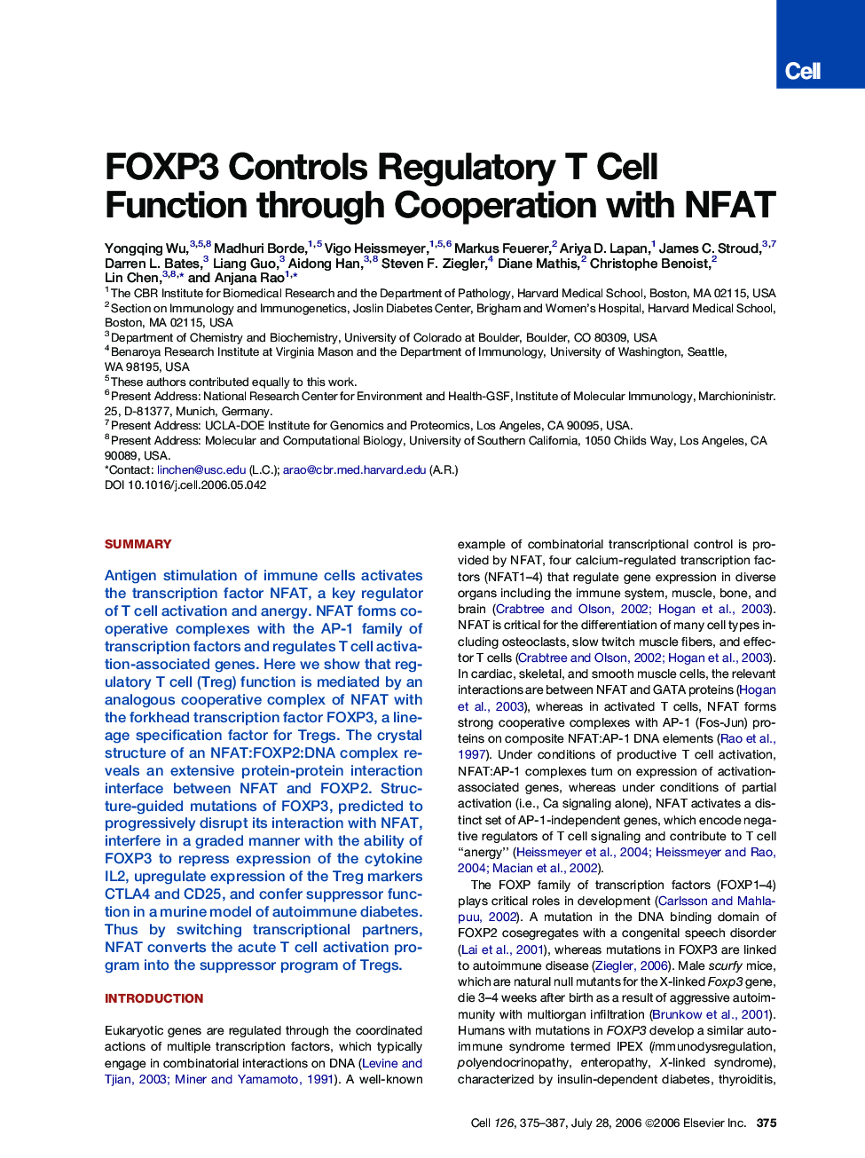 FOXP3 Controls Regulatory T Cell Function through Cooperation with NFAT